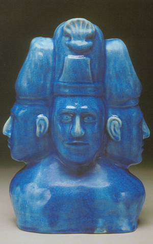 Stephen used a brilliant turquoise glaze, not unlike that found on Egyptian faience, for his most dramatic pieces. This massive triple-faced bust—dubbed the “Blue Man Group”—can be seen in the current exhibition, ‘Pisgah Forest & Nonconnah Pottery,’ at the Memphis Brooks Museum of Art. Image courtesy of Memphis Brooks Museum of Art